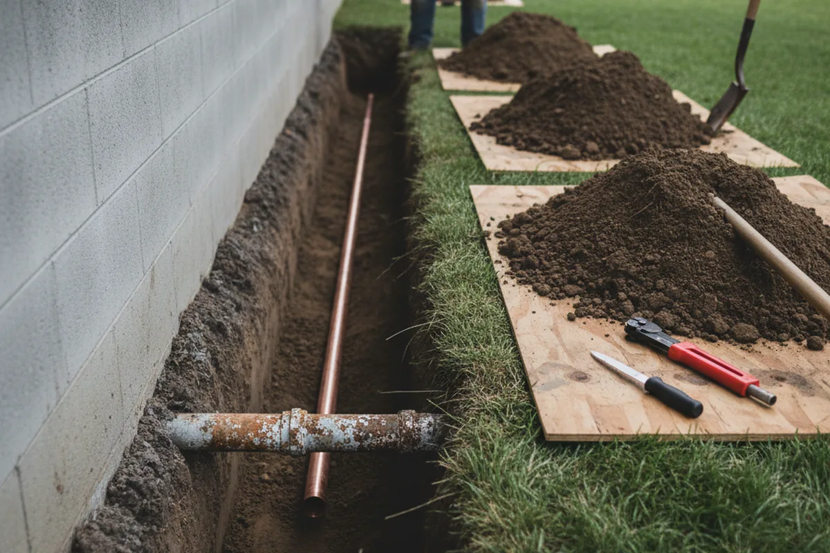 Excavated water line trench during Water Softener Installation in Sherwood